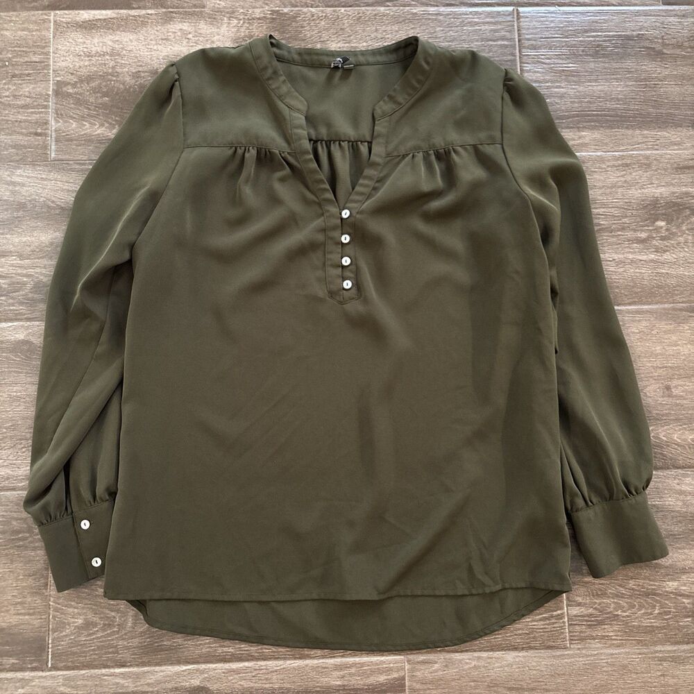 Olive Green Feminine Blouse With Cuff Button Detail And Loose Fit Size Women’s L
